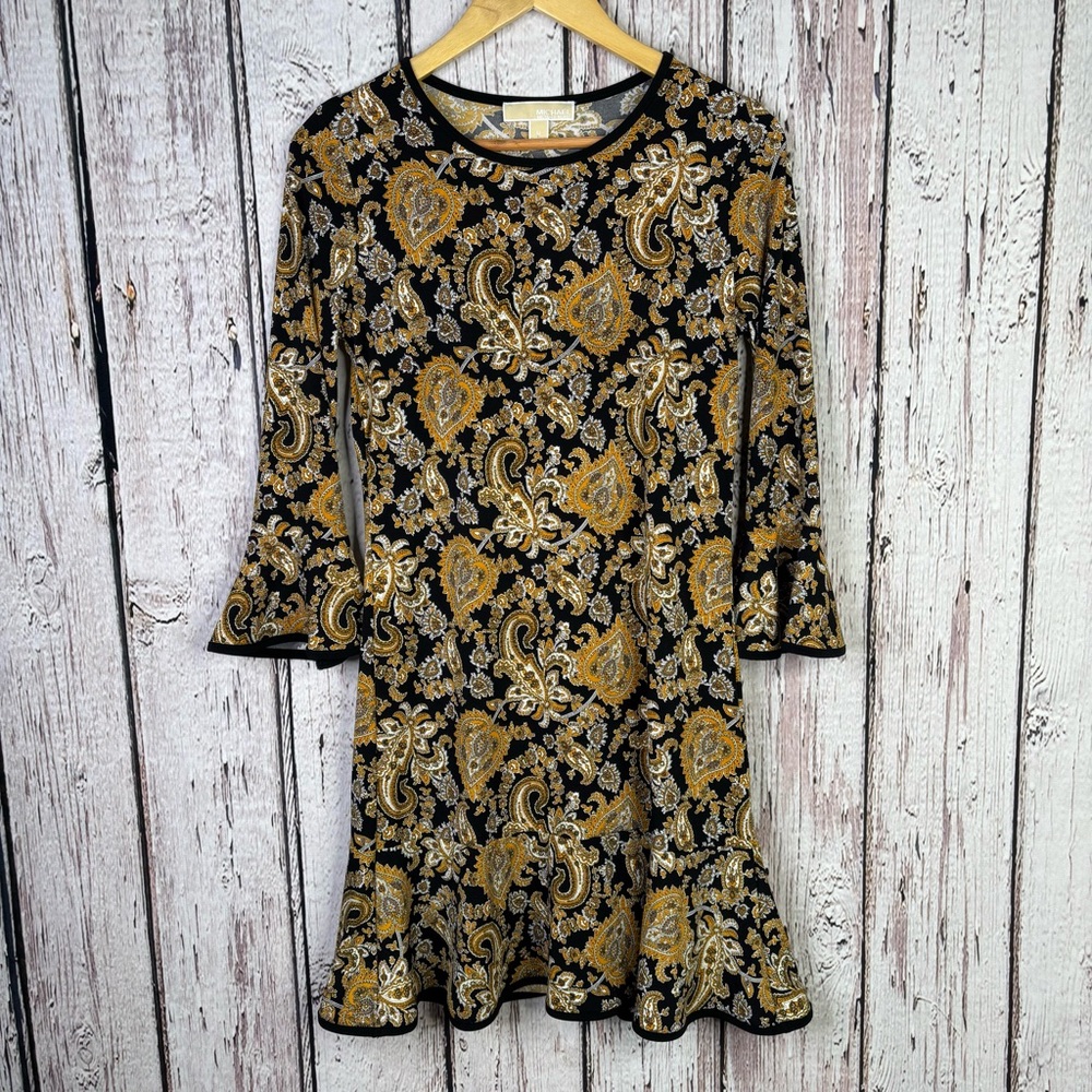MICHAEL Michael Kors Paisley-Print Bell-Sleeve Dress Size Medium Flounce Hem